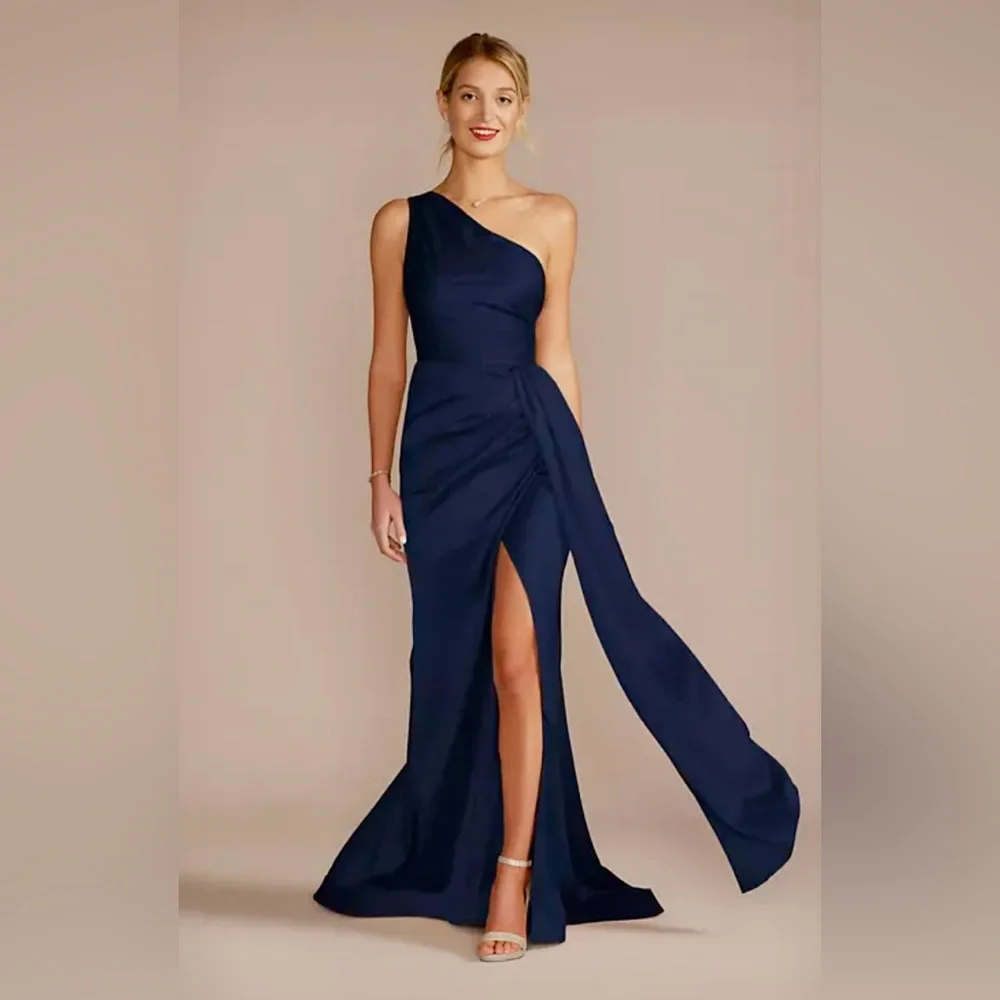 marine color bridesmaid dresses Elegant Navy Blue Bridesmaid Dresses Satin Straps Off The Shoulder Side Slit A Line Pleats Ruched Maid Of Honor Gown Plus Size New 403